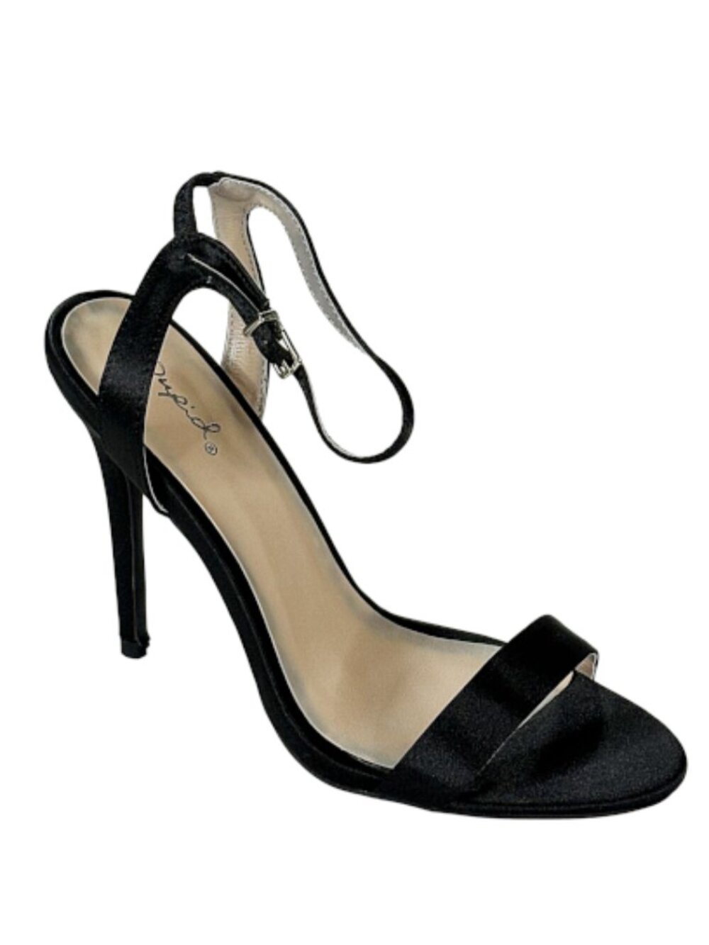Qupid Ara-344 Women's Black Satin Ankle Strap Stiletto Heels